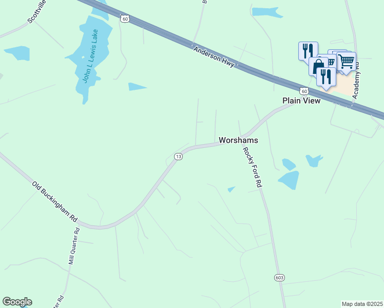 map of restaurants, bars, coffee shops, grocery stores, and more near 3577 Old Buckingham Road in Powhatan