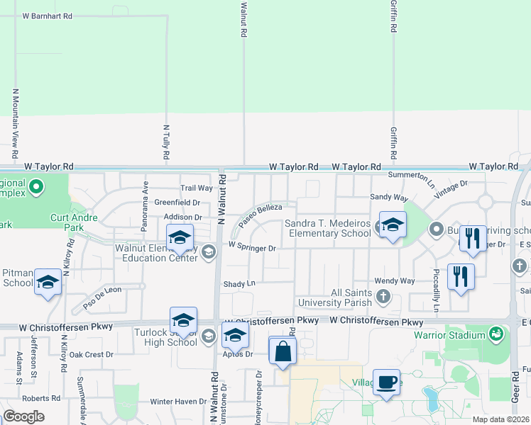 map of restaurants, bars, coffee shops, grocery stores, and more near 1292 Paseo Belleza in Turlock