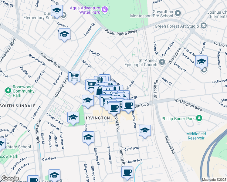 map of restaurants, bars, coffee shops, grocery stores, and more near 3862 Almond Avenue in Fremont