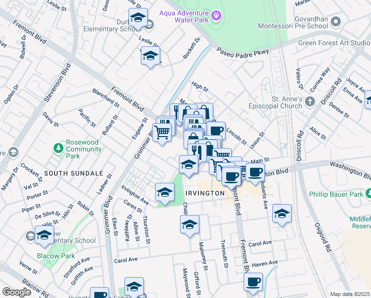 map of restaurants, bars, coffee shops, grocery stores, and more near 40789 Woodland Terrace in Fremont