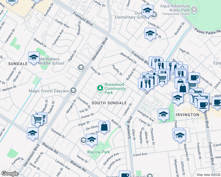 map of restaurants, bars, coffee shops, grocery stores, and more near 4357 Porter Street in Fremont