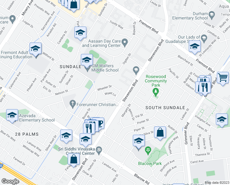 map of restaurants, bars, coffee shops, grocery stores, and more near 39912 Wyatt Lane in Fremont