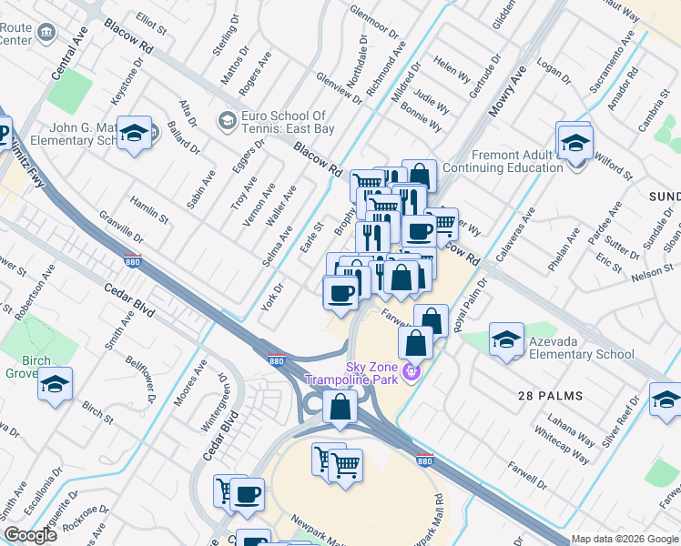 map of restaurants, bars, coffee shops, grocery stores, and more near 5238 Brophy Drive in Fremont