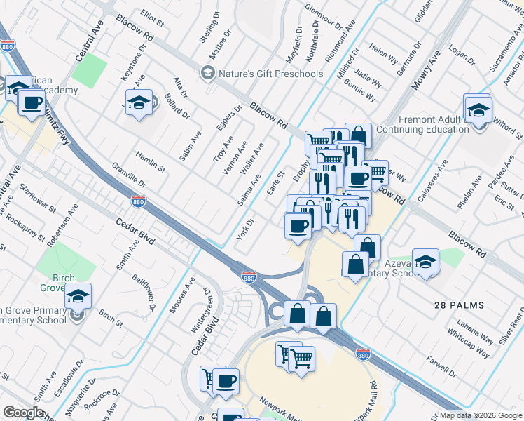 map of restaurants, bars, coffee shops, grocery stores, and more near 38756 Farwell Drive in Fremont