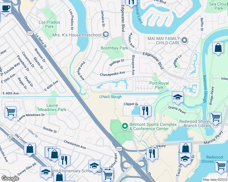 map of restaurants, bars, coffee shops, grocery stores, and more near 128 Rock Harbor Lane in Foster City