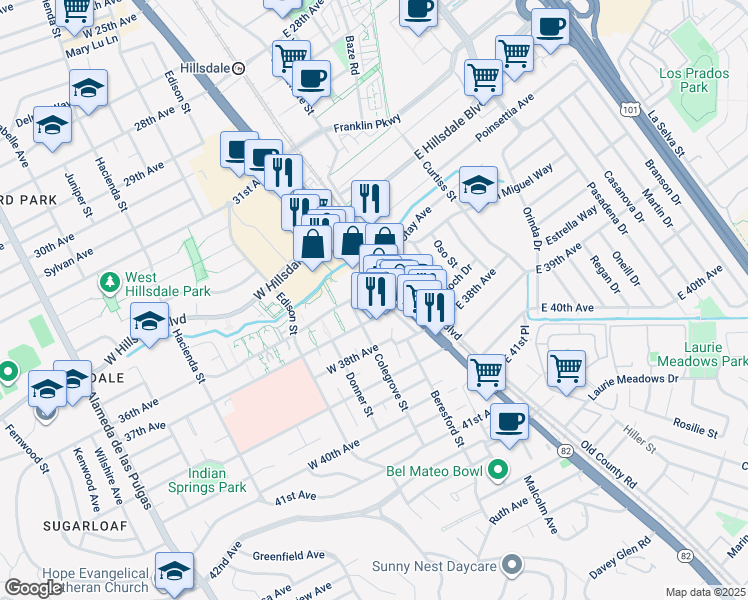 map of restaurants, bars, coffee shops, grocery stores, and more near 3603 Colegrove Street in San Mateo