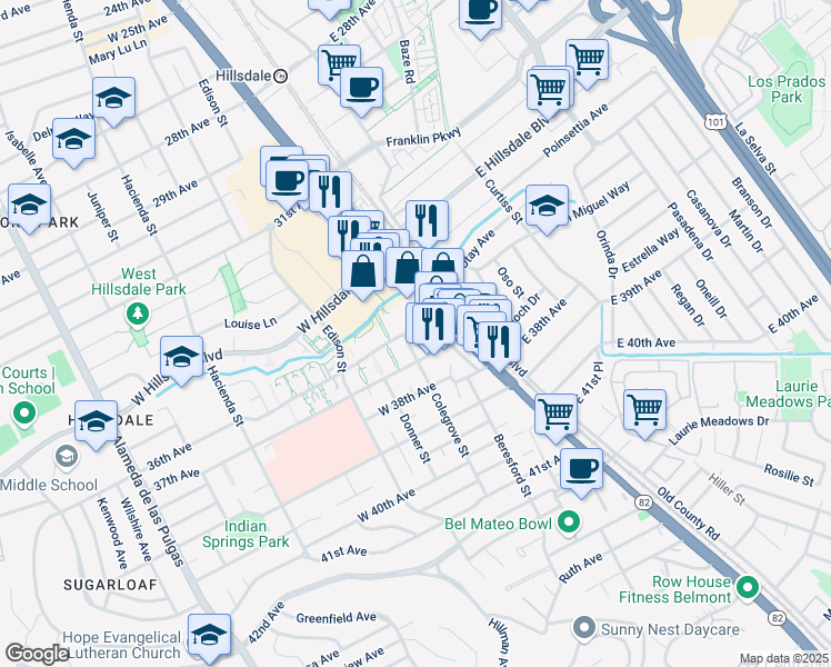 map of restaurants, bars, coffee shops, grocery stores, and more near 3603 Colegrove Street in San Mateo