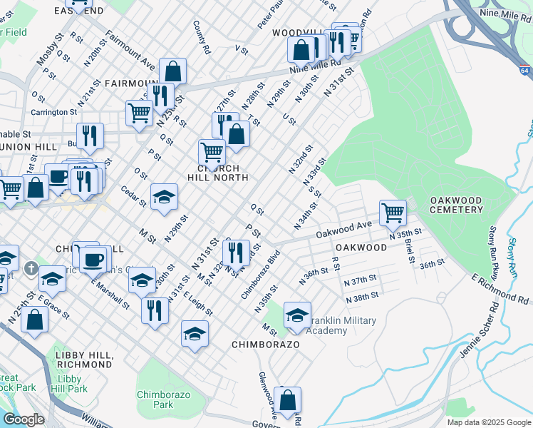 map of restaurants, bars, coffee shops, grocery stores, and more near 1018 North 32nd Street in Richmond