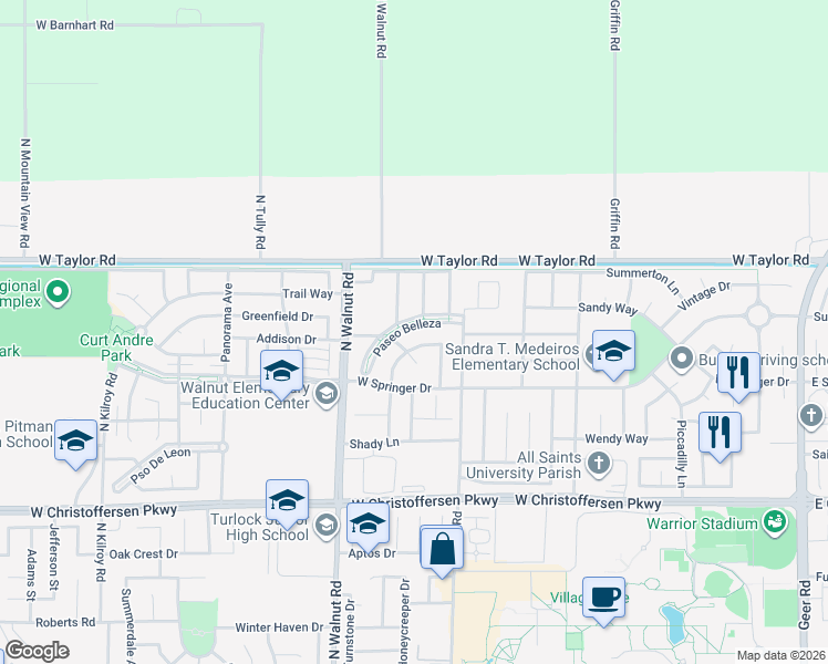 map of restaurants, bars, coffee shops, grocery stores, and more near 1292 Paseo Belleza in Turlock