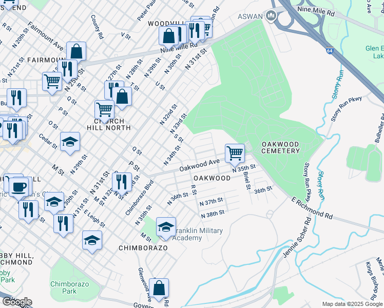 map of restaurants, bars, coffee shops, grocery stores, and more near 3439 S Street in Richmond