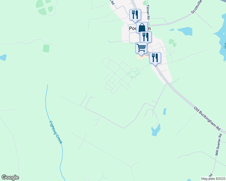 map of restaurants, bars, coffee shops, grocery stores, and more near 3841 Old Buckingham Road in Powhatan