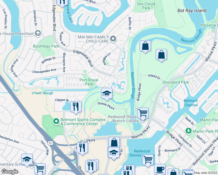 map of restaurants, bars, coffee shops, grocery stores, and more near 323 Timberhead Lane in Foster City