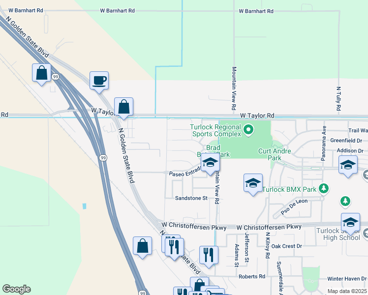 map of restaurants, bars, coffee shops, grocery stores, and more near 3075 Silver Oak Court in Turlock