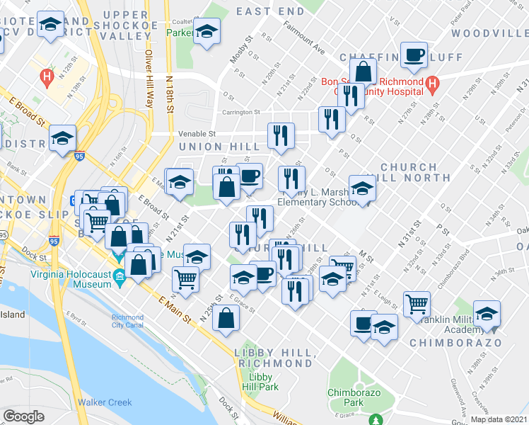 map of restaurants, bars, coffee shops, grocery stores, and more near 519 North 24th Street in Richmond
