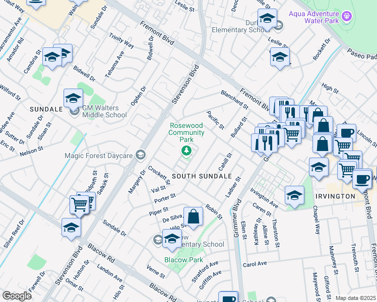 map of restaurants, bars, coffee shops, grocery stores, and more near 40256 Bonica Rose Terrace in Fremont
