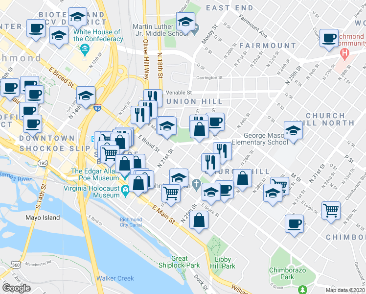 map of restaurants, bars, coffee shops, grocery stores, and more near 2107 Jefferson Ave in Richmond