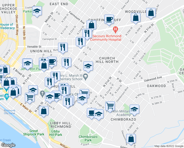 map of restaurants, bars, coffee shops, grocery stores, and more near 813 North 29th Street in Richmond