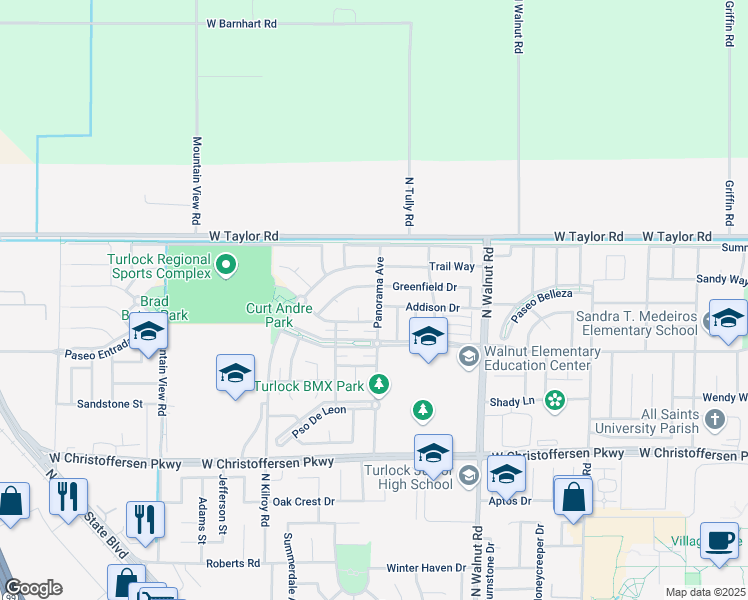 map of restaurants, bars, coffee shops, grocery stores, and more near 4351 Panorama Ave in Turlock