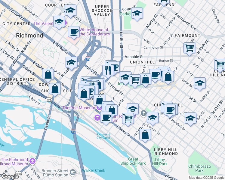 map of restaurants, bars, coffee shops, grocery stores, and more near 1805 East Broad Street in Richmond