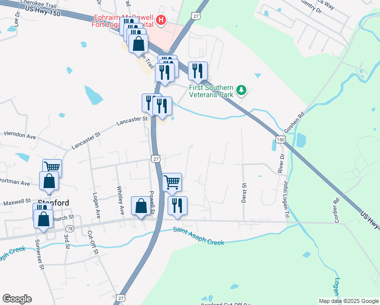 map of restaurants, bars, coffee shops, grocery stores, and more near 120 Star Avenue in Stanford