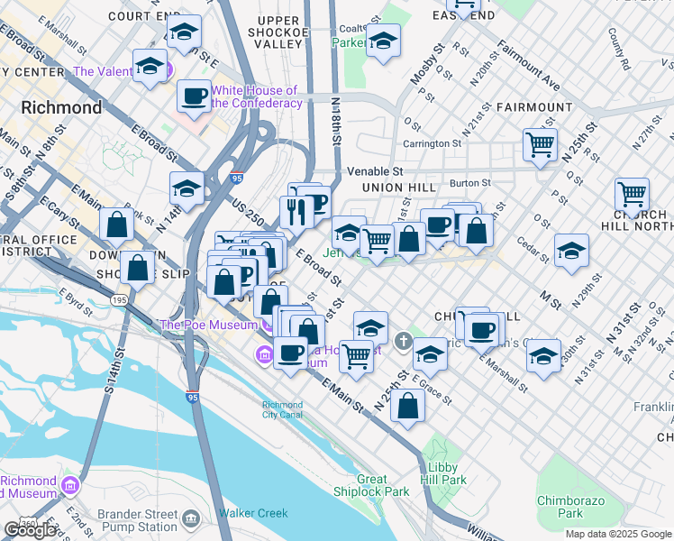map of restaurants, bars, coffee shops, grocery stores, and more near 304 North 21st Street in Richmond