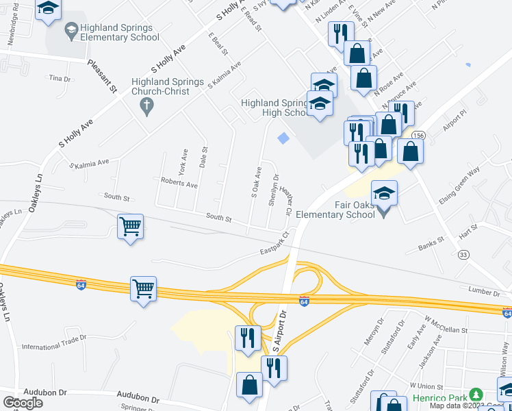 map of restaurants, bars, coffee shops, grocery stores, and more near 519 South Oak Avenue in Highland Springs