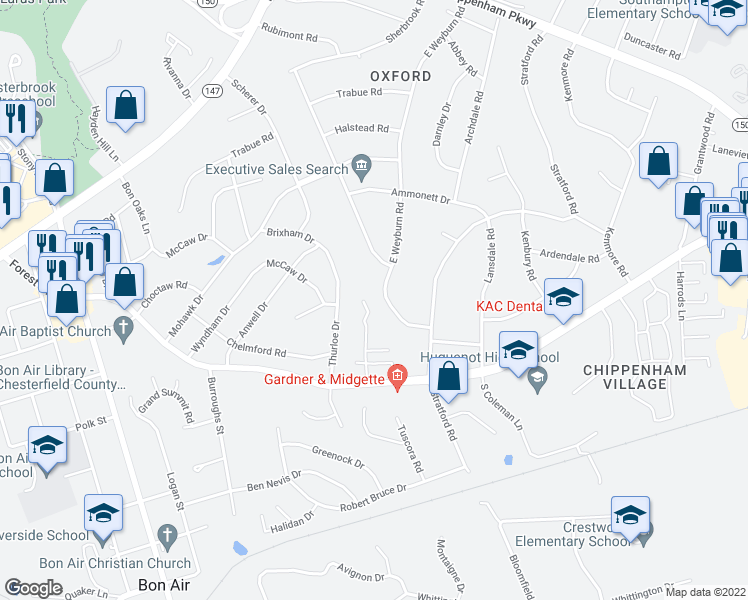 map of restaurants, bars, coffee shops, grocery stores, and more near 2640 East Weyburn Road in Richmond