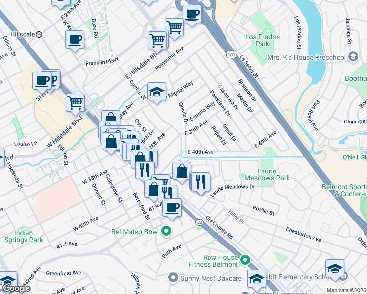 map of restaurants, bars, coffee shops, grocery stores, and more near 3926 Orinda Drive in San Mateo