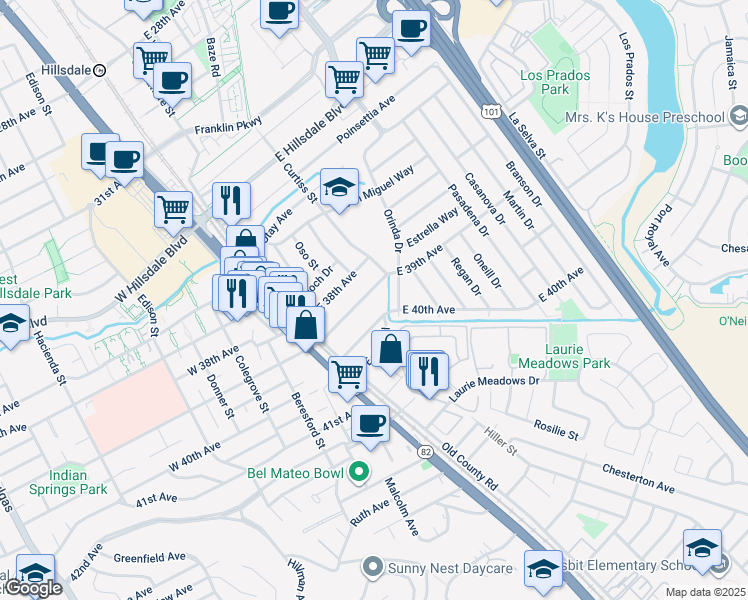 map of restaurants, bars, coffee shops, grocery stores, and more near 78 East 39th Avenue in San Mateo