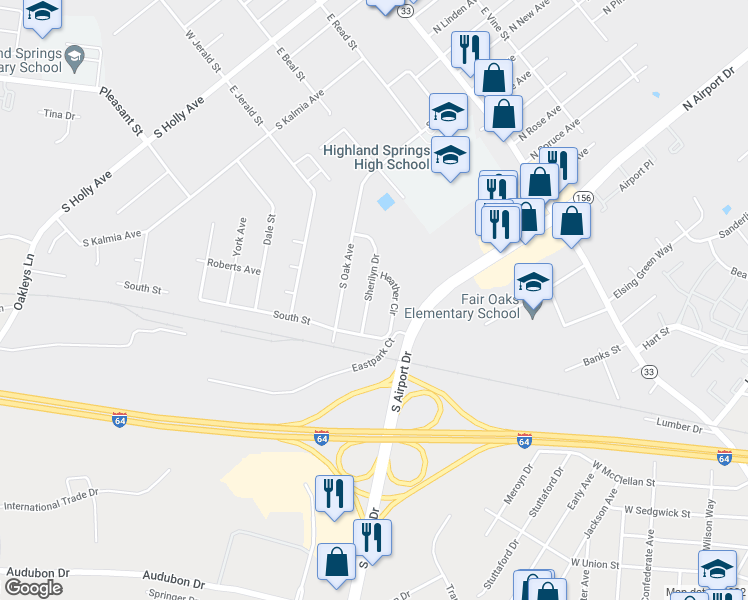 map of restaurants, bars, coffee shops, grocery stores, and more near 507 Sherilyn Drive in Highland Springs