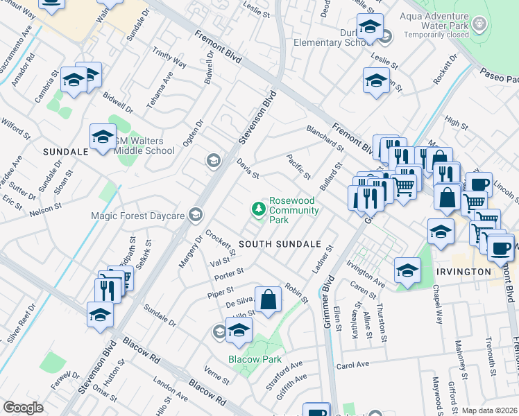 map of restaurants, bars, coffee shops, grocery stores, and more near 40252 Bonica Rose Terrace in Fremont