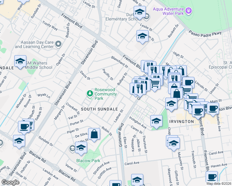 map of restaurants, bars, coffee shops, grocery stores, and more near 4309 Millard Avenue in Fremont