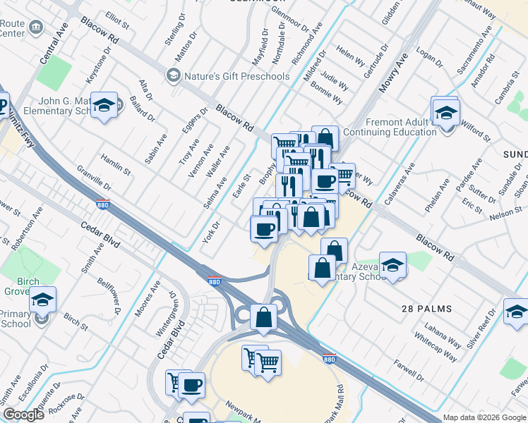 map of restaurants, bars, coffee shops, grocery stores, and more near 5238 Brophy Drive in Fremont