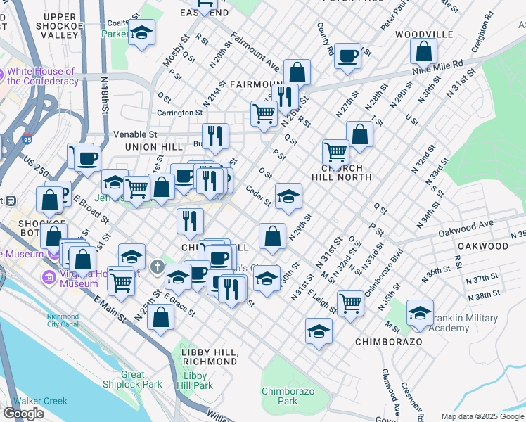 map of restaurants, bars, coffee shops, grocery stores, and more near 716 North 27th Street in Richmond