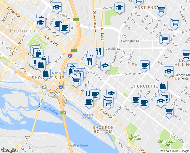 map of restaurants, bars, coffee shops, grocery stores, and more near 1805 East Broad Street in Richmond