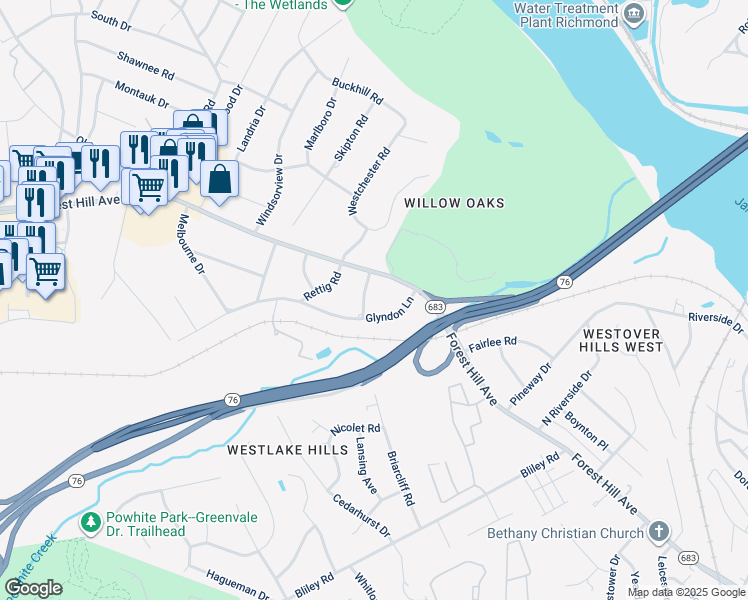 map of restaurants, bars, coffee shops, grocery stores, and more near 2613 Heartwood Road in Richmond