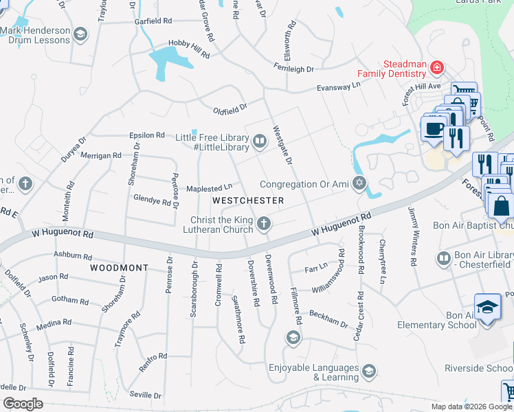 map of restaurants, bars, coffee shops, grocery stores, and more near 2801 Wighton Drive in Richmond