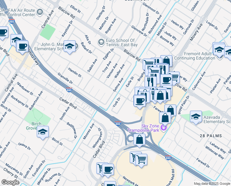 map of restaurants, bars, coffee shops, grocery stores, and more near 38709 Farwell Drive in Fremont