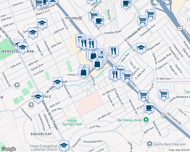map of restaurants, bars, coffee shops, grocery stores, and more near 3421 Edison Street in San Mateo