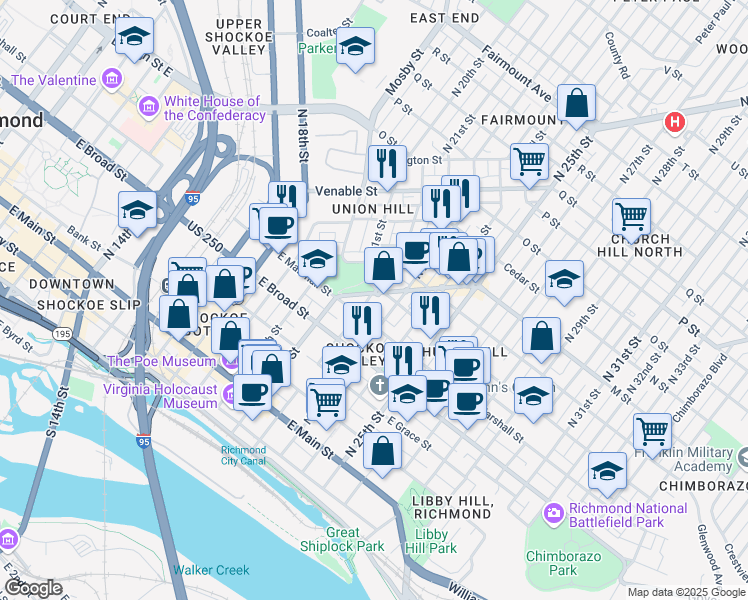 map of restaurants, bars, coffee shops, grocery stores, and more near 2201 Jefferson Avenue in Richmond