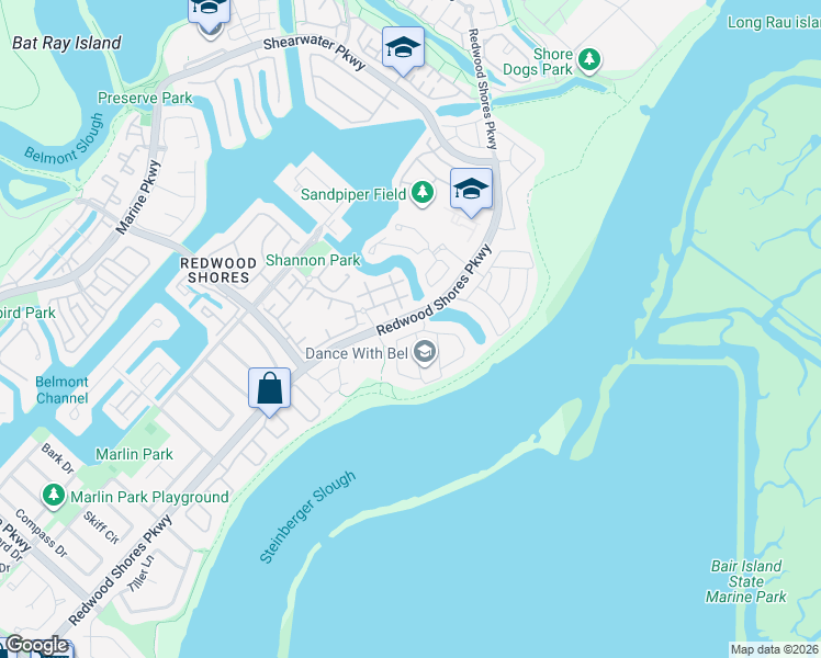 map of restaurants, bars, coffee shops, grocery stores, and more near 89 Waterside Circle in Redwood City