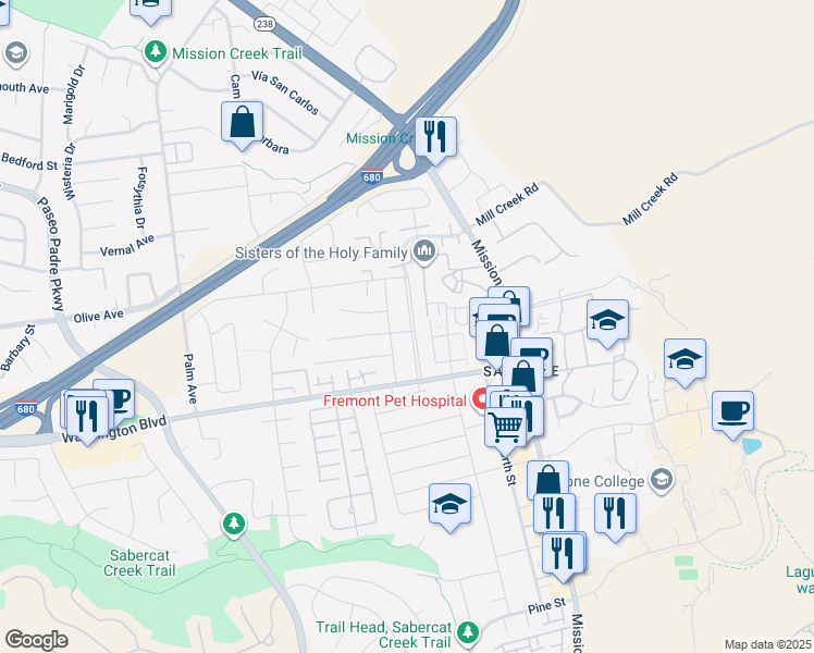 map of restaurants, bars, coffee shops, grocery stores, and more near 401 Emerson Street in Fremont