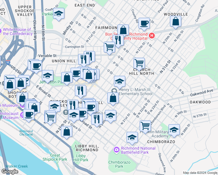 map of restaurants, bars, coffee shops, grocery stores, and more near 716 North 27th Street in Richmond