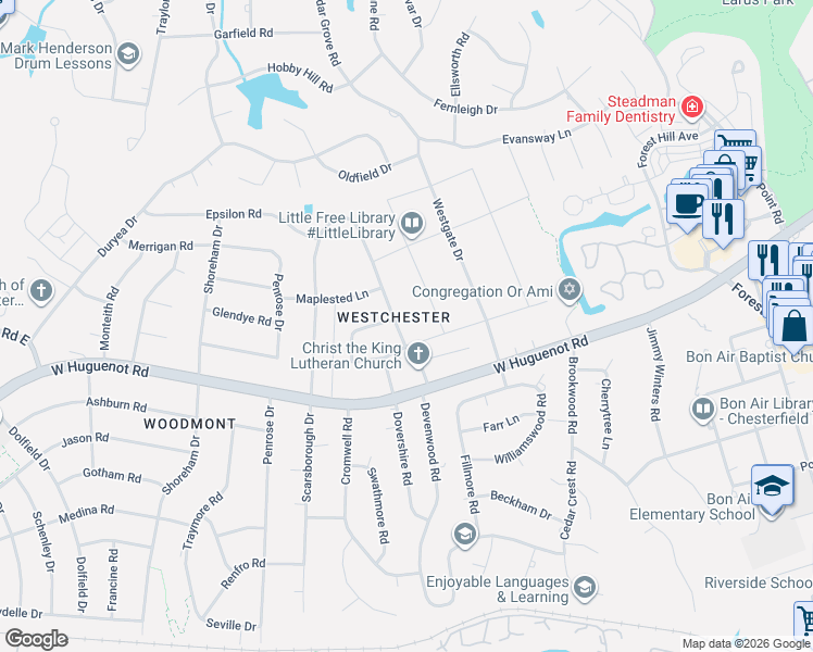 map of restaurants, bars, coffee shops, grocery stores, and more near 2815 Wighton Drive in Richmond