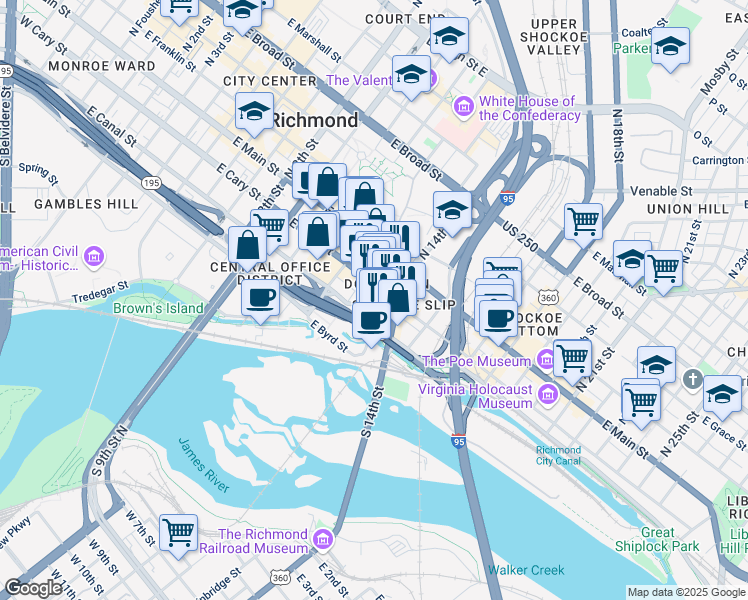 map of restaurants, bars, coffee shops, grocery stores, and more near in Richmond