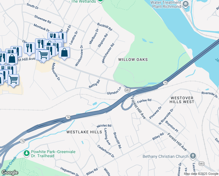 map of restaurants, bars, coffee shops, grocery stores, and more near 2613 Heartwood Road in Richmond