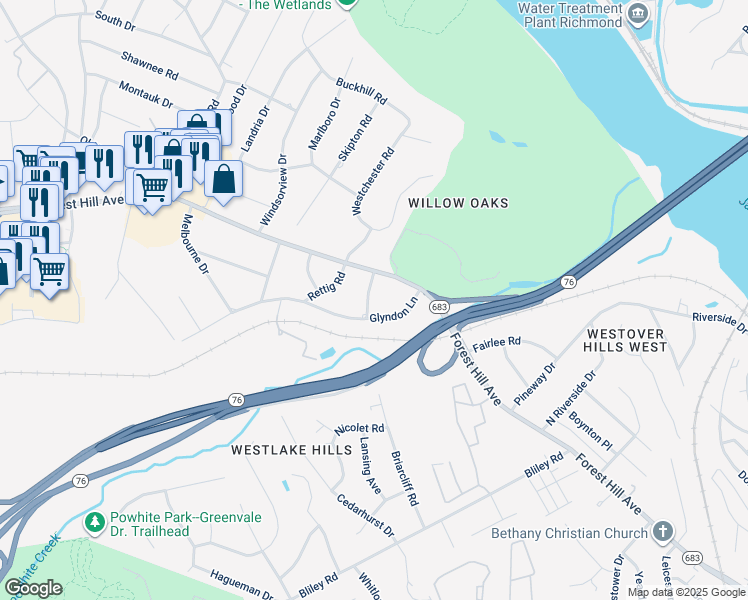 map of restaurants, bars, coffee shops, grocery stores, and more near 2613 Heartwood Road in Richmond