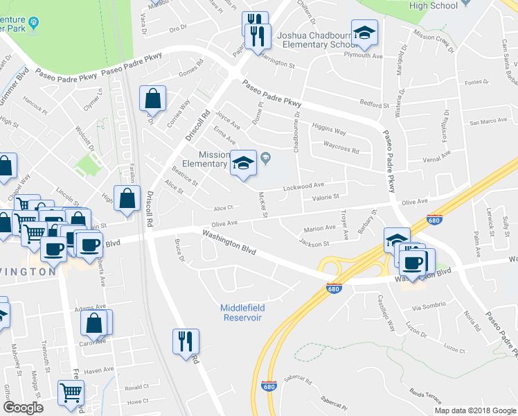 map of restaurants, bars, coffee shops, grocery stores, and more near 41963 McKay Street in Fremont