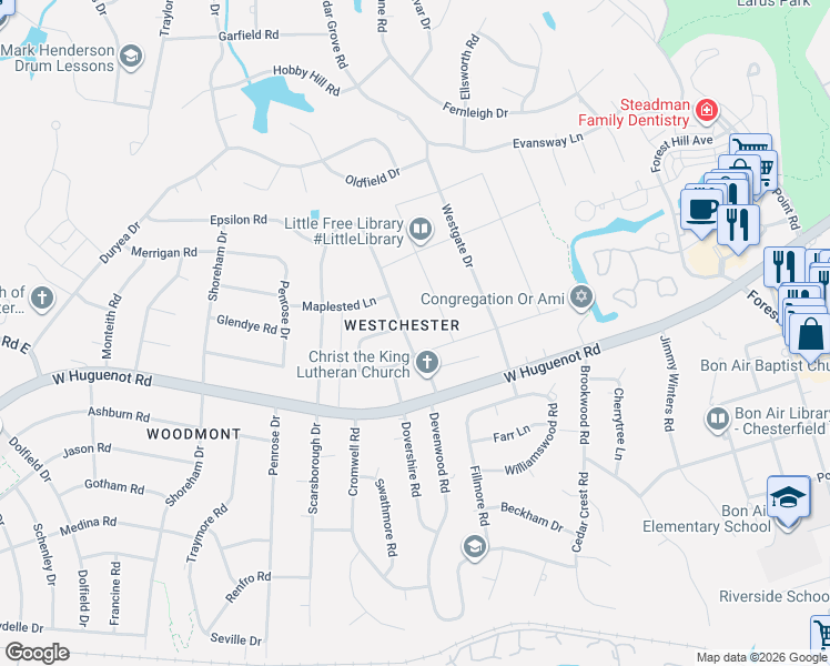 map of restaurants, bars, coffee shops, grocery stores, and more near 2801 Wighton Drive in Richmond