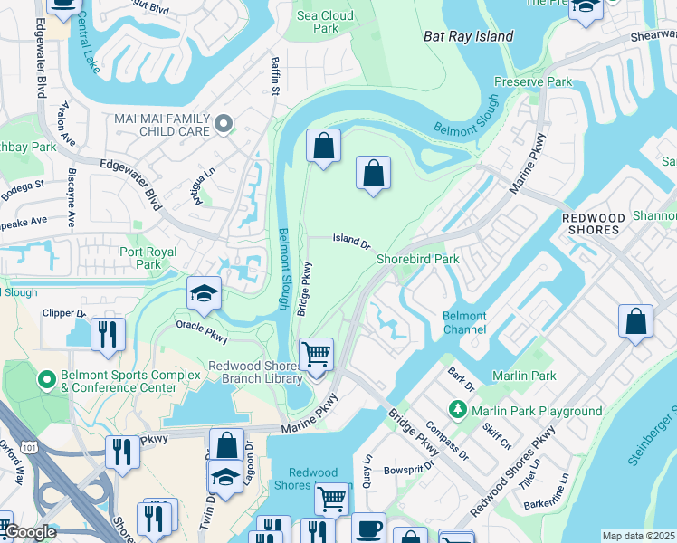 map of restaurants, bars, coffee shops, grocery stores, and more near 1200 Bridge Parkway in Redwood City